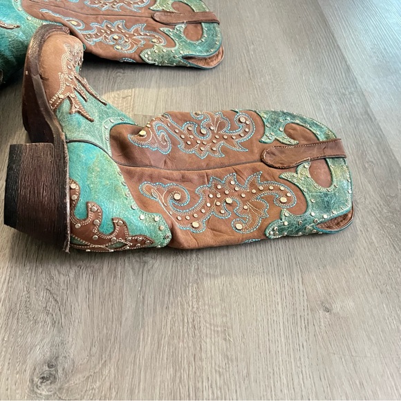 Ferrini Leather Western Boots Turquoise Brown Pointed Toe Studded – Women’s 7.5 - Picture 4 of 14
